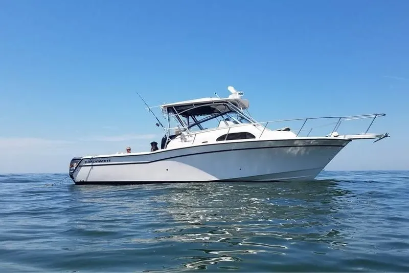 The Image of 2003 Grady-White Marlin 300 boat on calm ocean waters under clear blue sky. - 0