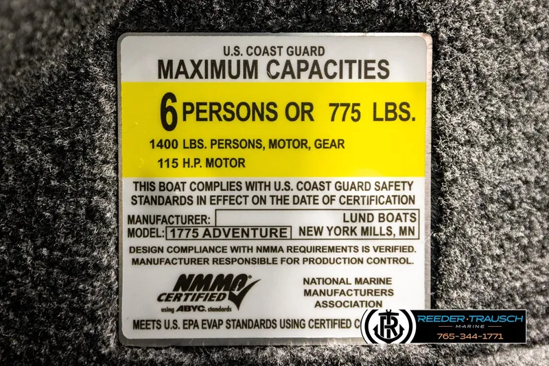 Slide: The Image of 2026 Lund 1775 Adventure Sport capacity label, 6 persons or 775 lbs, U.S. Coast Guard certified. - 51
