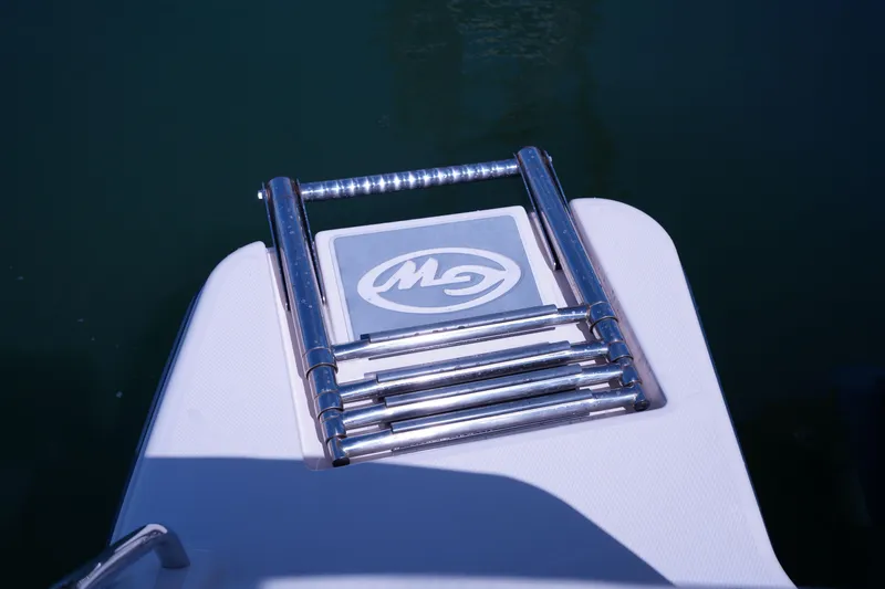 Slide: The Image of Stainless steel ladder on 2019 Grady-White Freedom 215 boat, docked on calm water. - 17