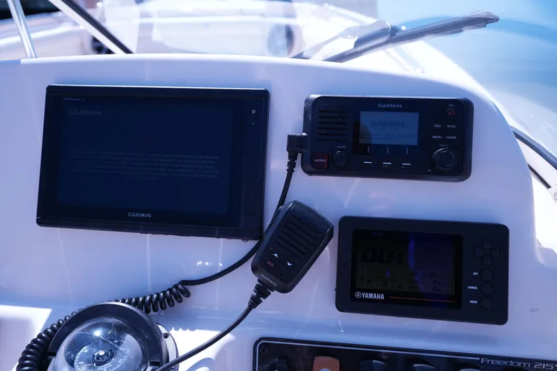 Slide: The Image of Dashboard of 2019 Grady-White Freedom 215 boat with Garmin and Yamaha electronics. - 35