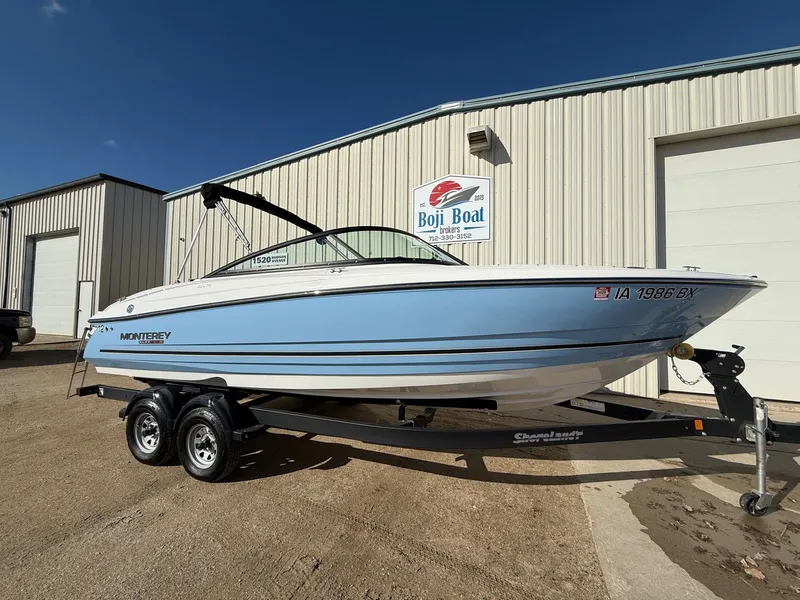 Slide: The Image of 2023 Monterey 224FS boat on trailer outside warehouse. - 1