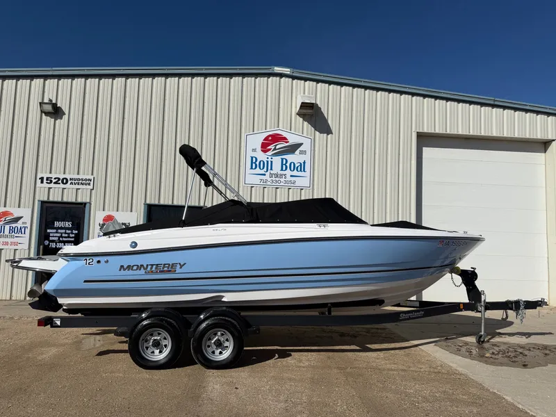 Slide: The Image of 2023 Monterey 224FS boat in front of Boji Boat building. - 33