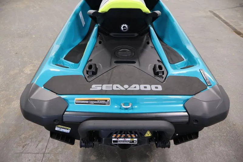 Slide: The Image of 2025 Sea-Doo GTI SE 170, rear view, showcasing sleek design and vibrant blue color. - 17