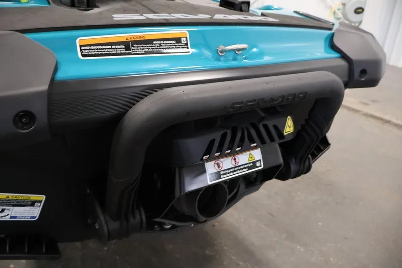 Slide: The Image of 2025 Sea-Doo GTI SE 170 rear view, showcasing design and safety labels. - 20