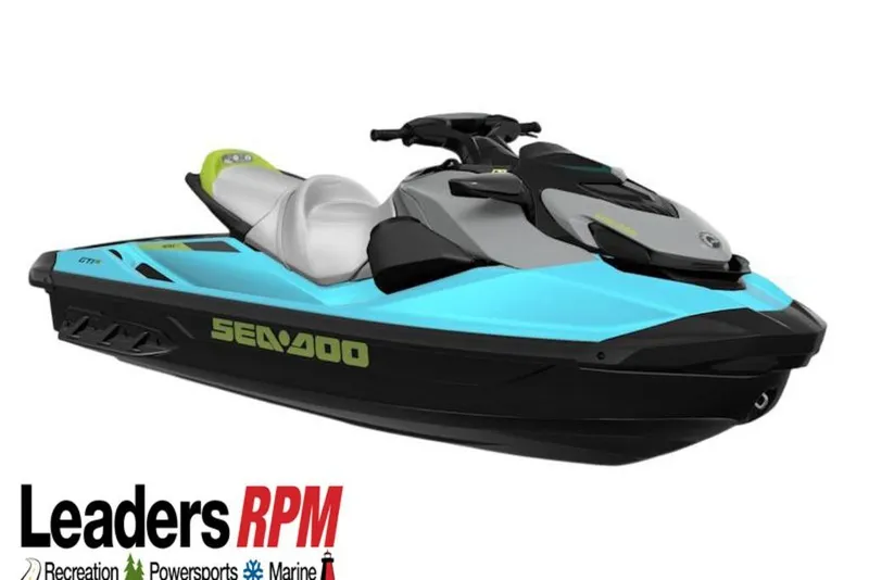Slide: The Image of 2025 Sea-Doo GTI SE 170 jet ski in blue and black, displayed by Leaders RPM. - 21