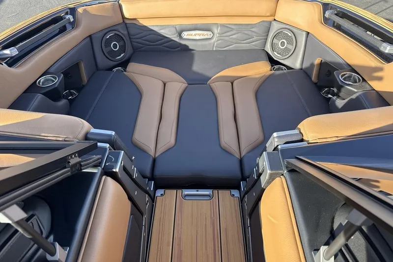 Slide: The Image of Luxurious interior of 2026 Supra SE 550 boat with premium seating and sound system. - 11