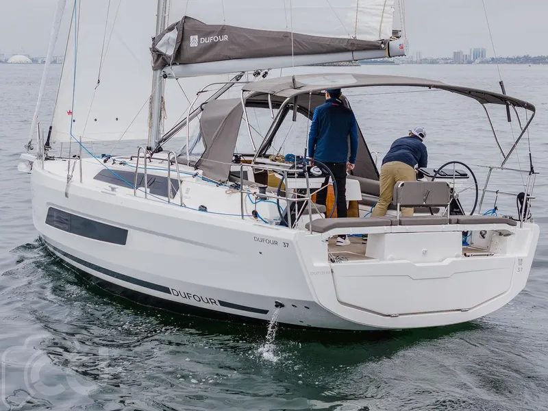 Slide: The Image of 2023 Dufour 37 sailboat cockpit with dual steering wheels and canopy. - 10