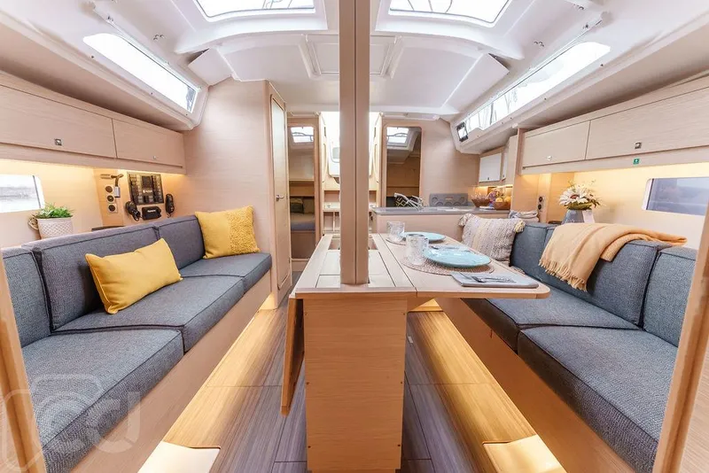 Slide: The Image of Modern kitchen interior of 2023 Dufour 37 yacht with open fridge and stove. - 29