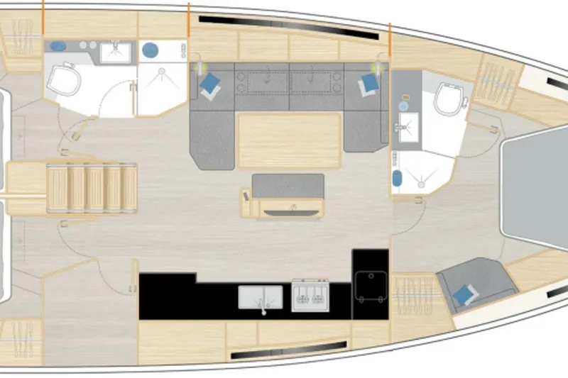 Slide: The Image of Floor plan of 2023 Hanse 460 yacht interior layout, featuring cabins and amenities. - 14