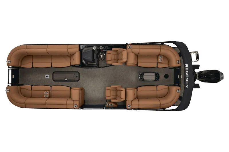 Slide: The Image of 2026 Regency 230 DL boat trailer with green and brown accents, parked outdoors. - 11