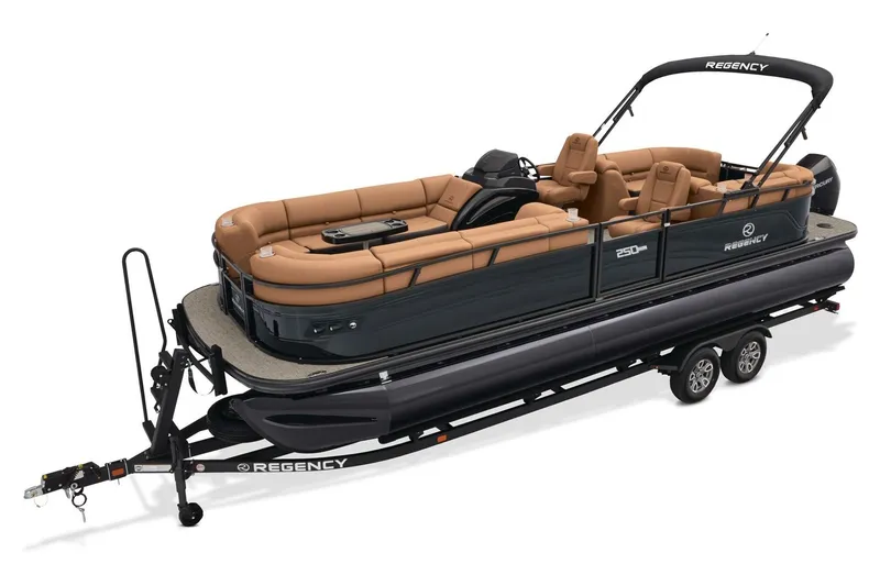 Slide: The Image of 2026 Regency 230 DL pontoon boat with tan seating and black exterior on a trailer. - 14