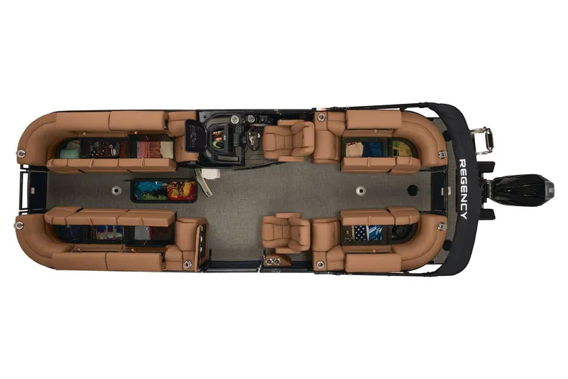 Slide: The Image of Top view of 2026 Regency 230 DL pontoon boat with spacious seating layout. - 19