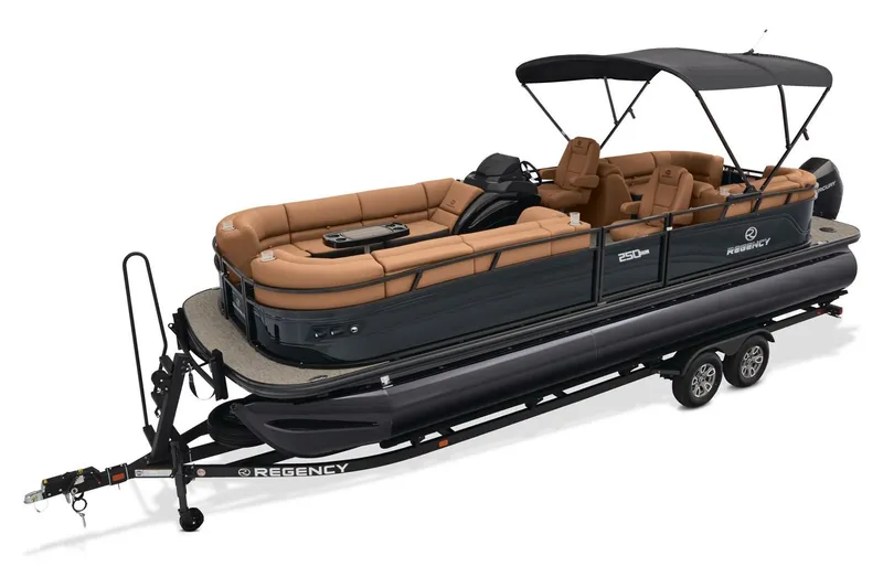 Slide: The Image of 2026 Regency 230 DL pontoon boat on trailer, green and black design. - 8