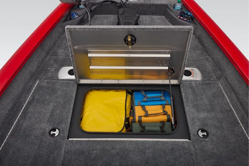 Slide: The Image of 2026 Tracker Pro Team 175 Crappie Edition boat interior with gray and red seating. - 23