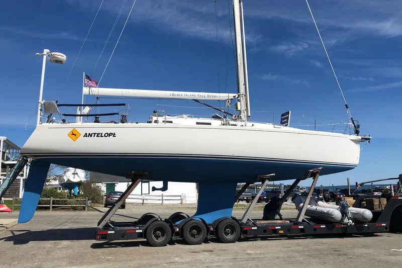 Slide: The Image of 2004 J Boats J/133 sailboat "Antelope" on trailer, ready for transport. - 22