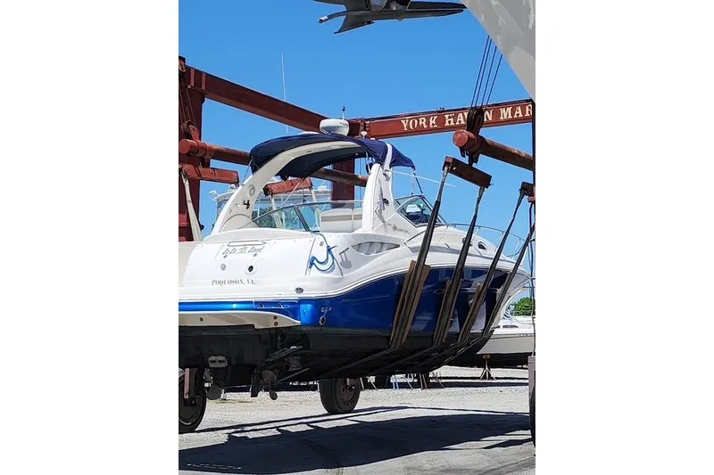 Slide: The Image of 2005 Sea Ray Sundancer 320 yacht being lifted at York Haven Marina. - 2
