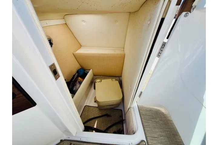 Slide: The Image of 2017 Cobalt R7 boat interior with compact toilet and storage area. - 15