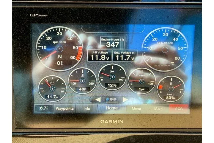 Slide: The Image of Garmin GPS display showing engine metrics for 2017 Cobalt R7, including RPM, voltage, and engine hours. - 18