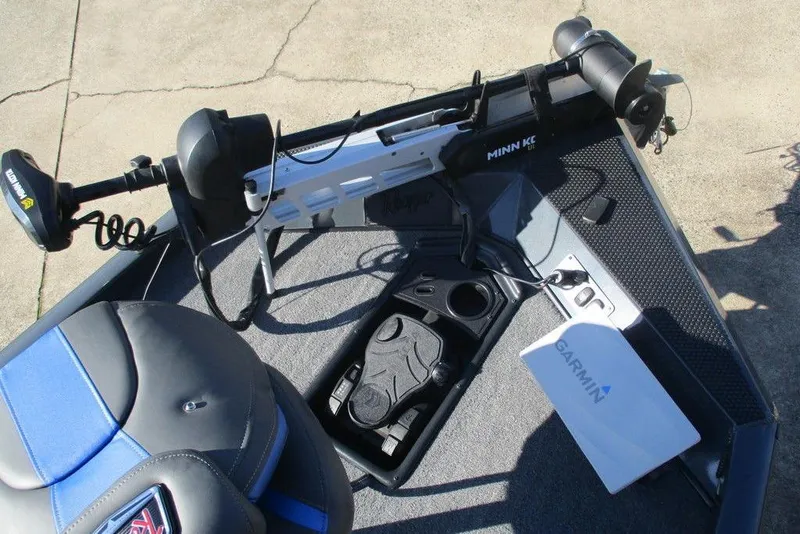 Slide: The Image of 2023 Ranger RT178 boat deck with Minn Kota trolling motor and Garmin device. - 6