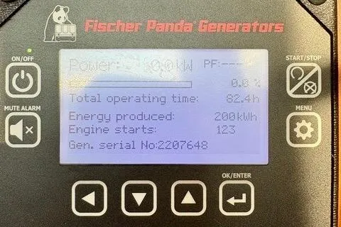 Slide: The Image of Fischer Panda generator display showing power, operating time, and energy produced for Silverton 36 Convertible 2008. - 32