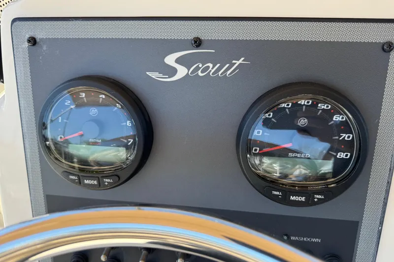 Slide: The Image of Dashboard of 2018 Scout 195 Sportfish boat with RPM and speed gauges. - 21