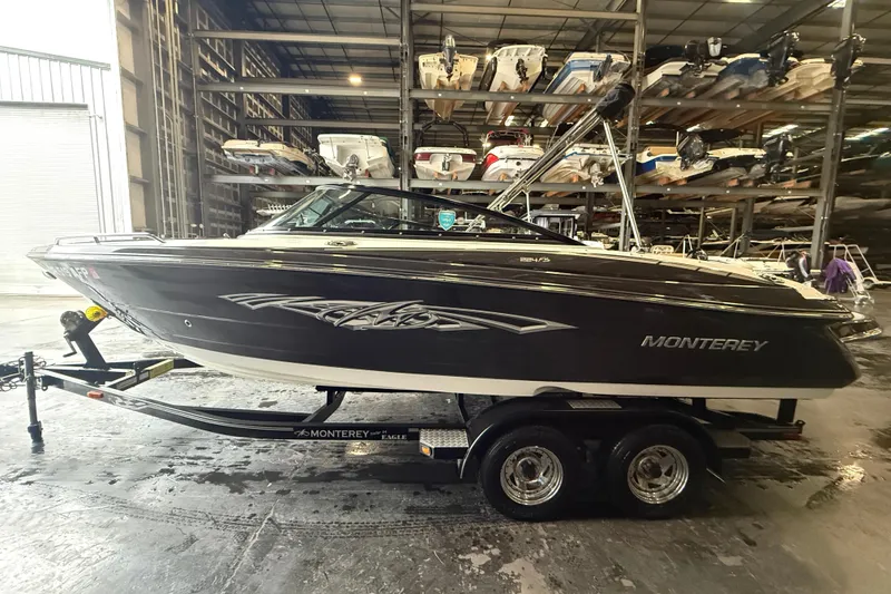 Slide: The Image of 2016 Monterey 224FS boat on trailer in indoor storage facility. - 4