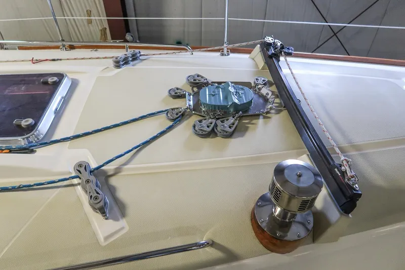 Slide: The Image of Deck of 2007 Sabre 386 sailboat with rigging and hardware details. - 10