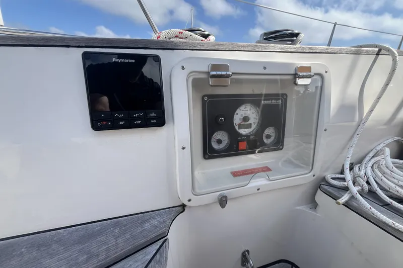 Slide: The Image of Control panel of a 2017 Rustler 37 sailboat with navigation instruments. - 16