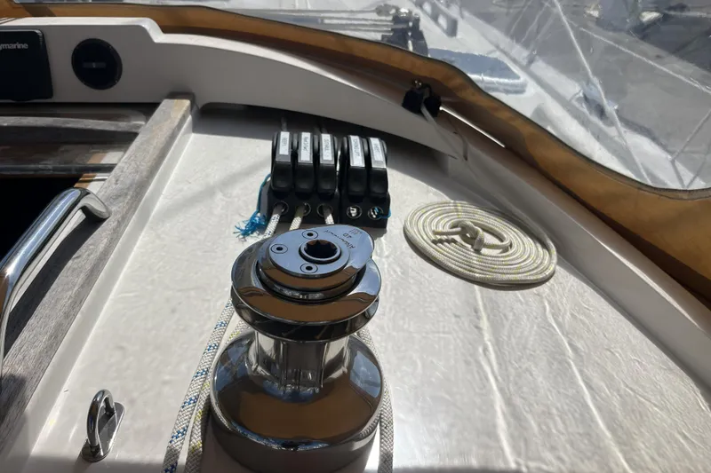 Slide: The Image of Cockpit of 2017 Rustler 37 sailboat with winch and rope details. - 17