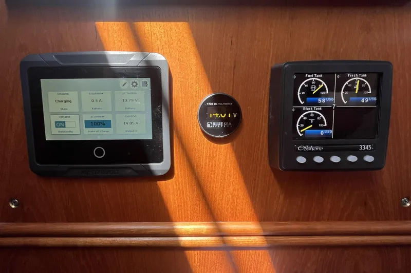 Slide: The Image of Control panel of a 2017 Rustler 37 yacht, displaying battery and tank levels. - 27