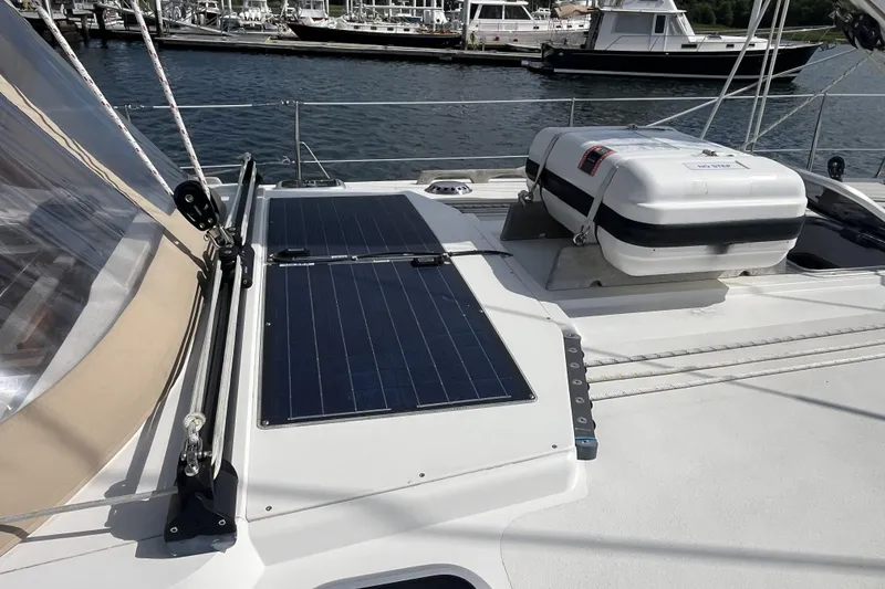 Slide: The Image of Deck of 2017 Rustler 37 yacht with solar panels and life raft. - 8
