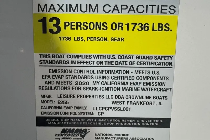Slide: The Image of 2020 Crownline Eclipse E255 SURF capacity label: 13 persons or 1736 lbs, USCG compliant. - 41
