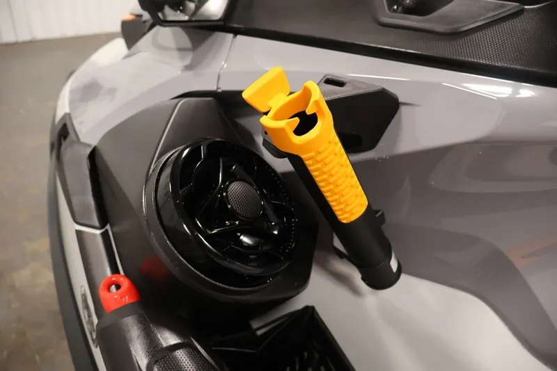 Slide: The Image of 2026 Sea-Doo FishPro Trophy 170, close-up of fishing rod holder and speaker. - 17