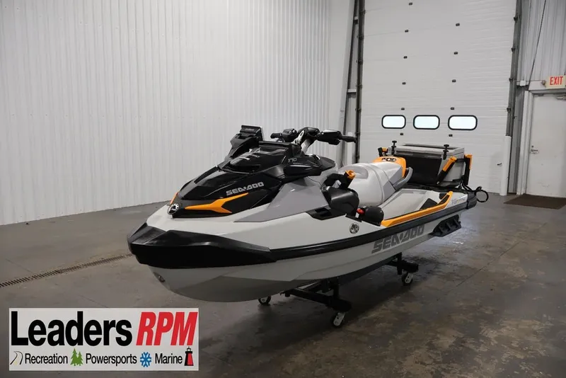 The Image of 2026 Sea-Doo FishPro Trophy 170 jet ski in showroom, Leaders RPM branding visible. - 2