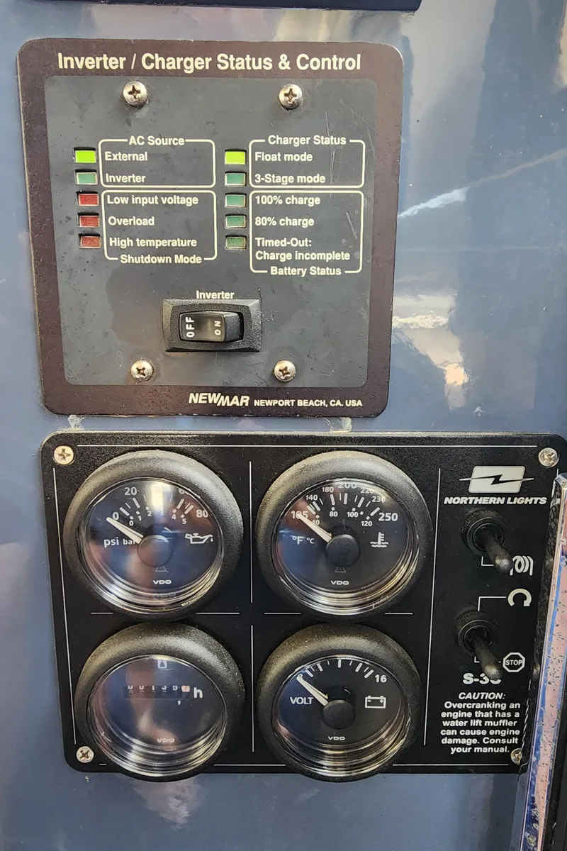 Slide: The Image of Control panel of a 1987 Riva SuperAmerica with gauges and inverter status indicators. - 43