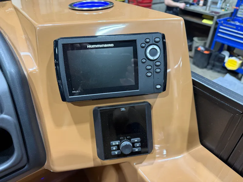 Slide: The Image of 2026 Bentley Pontoons Legacy 220 QSB console with Humminbird Helix 5 display. - 14