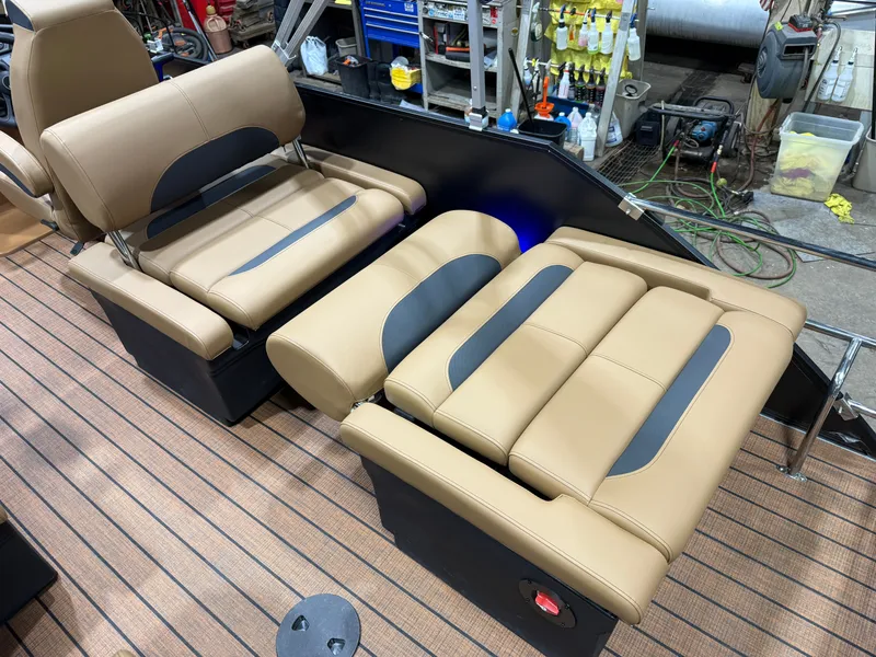 Slide: The Image of 2026 Bentley Pontoons Legacy 220 QSB Swingback interior with luxurious seating. - 22
