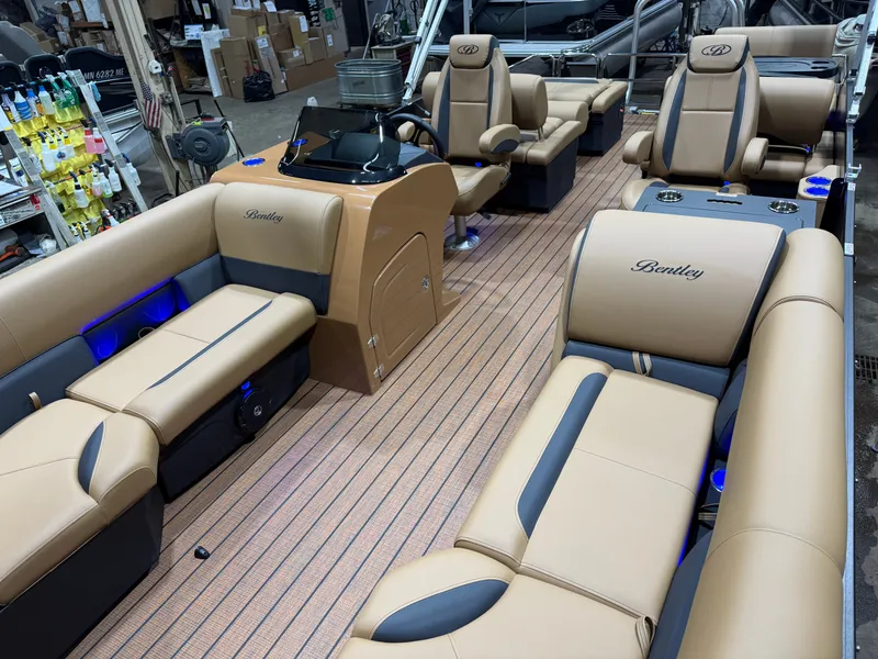 Slide: The Image of Interior of Bentley Pontoons Legacy 220 QSB Swingback, luxurious seating, 2026 model. - 32