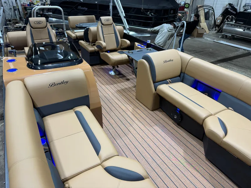 Slide: The Image of 2026 Bentley Pontoons Legacy 220 QSB interior with luxurious seating. - 33