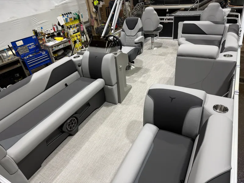 Slide: The Image of Interior of 2026 Tahoe Sport Rear Fish 2180 boat, gray upholstery. - 30
