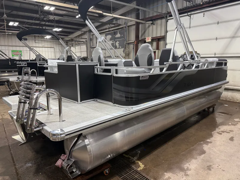 Slide: The Image of 2026 Tahoe Sport Rear Fish 2180 pontoon boat in warehouse. - 42