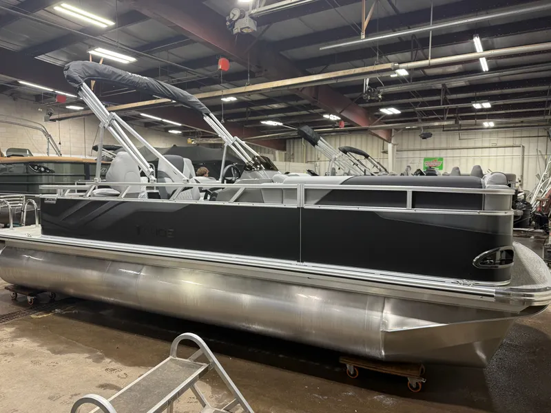 Slide: The Image of 2026 Tahoe Sport Rear Fish 2180 pontoon boat in warehouse. - 43