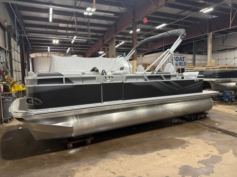 Slide: The Image of 2026 Tahoe Sport Rear Fish 2180 pontoon boat in warehouse. - 44