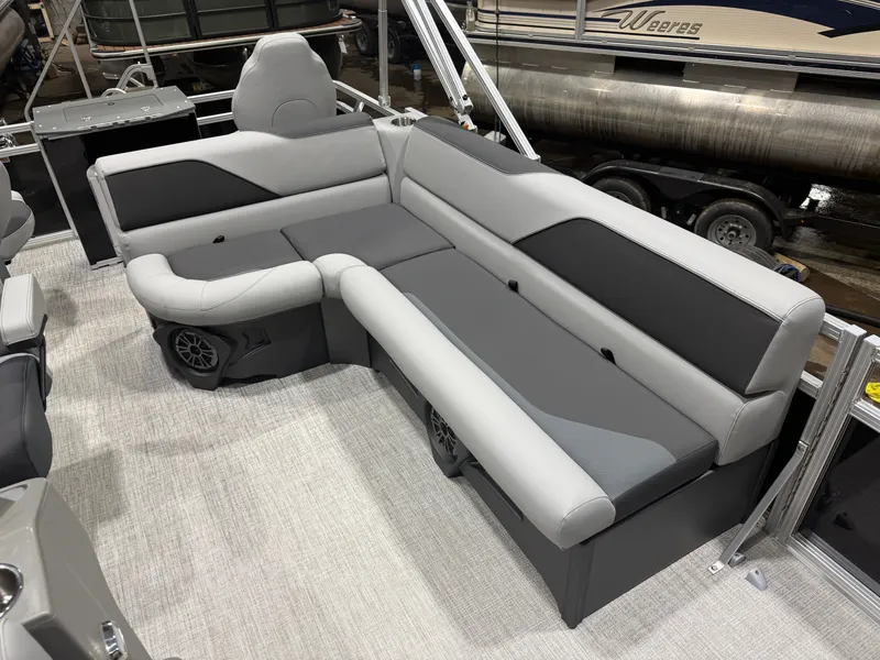 Slide: The Image of Interior of Tahoe Sport Quad Fish 1980 Pontoon 2026, gray upholstery. - 12