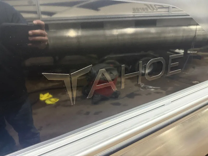 Slide: The Image of 2026 Tahoe Sport Quad Fish Pontoon, sleek logo detail. - 35