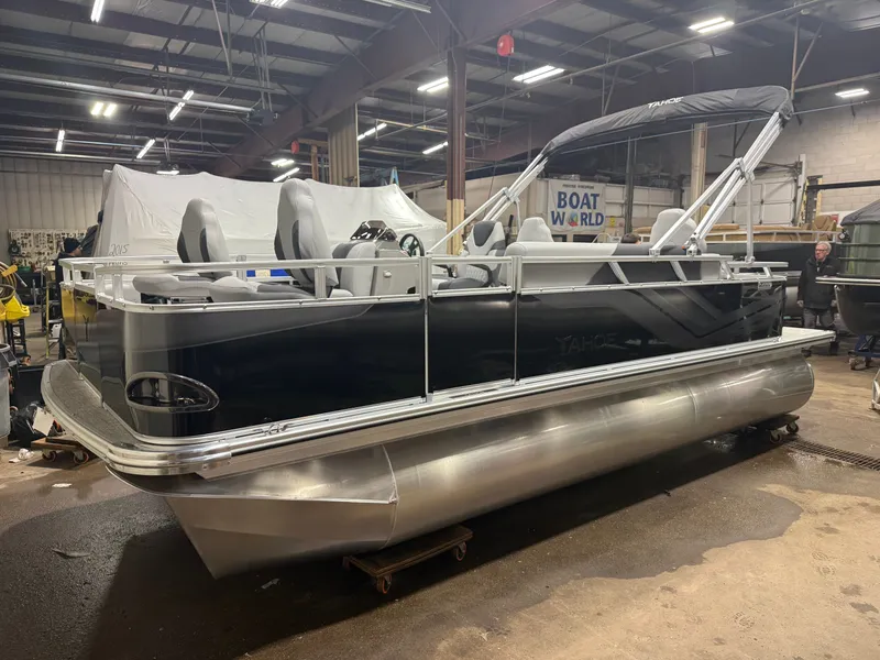 Slide: The Image of 2026 Tahoe Sport Quad Fish Pontoon in showroom. - 43