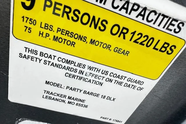 Slide: The Image of 2018 Sun Tracker Party Barge 18 DLX capacity label, 9 persons or 1220 lbs, US Coast Guard compliant. - 15