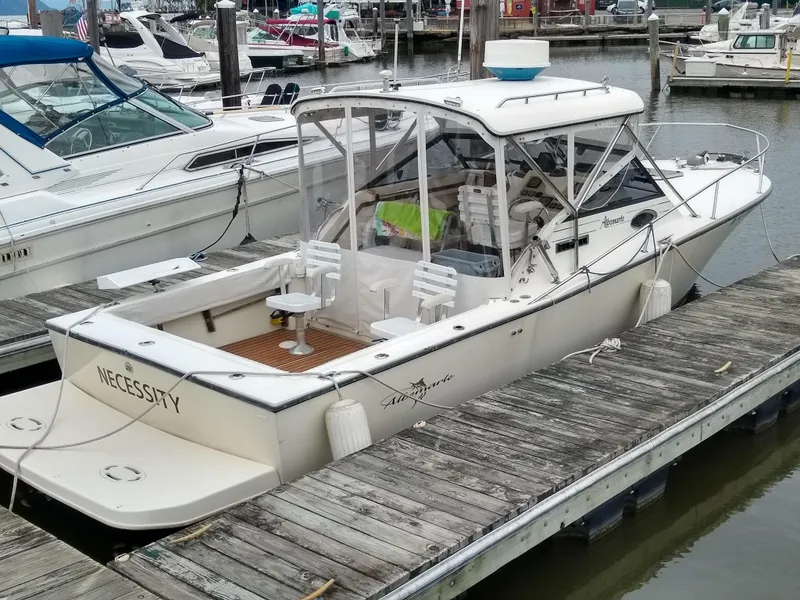 Slide: The Image of 1988 Albemarle 27 Express Fisherman boat docked at a marina. - 40