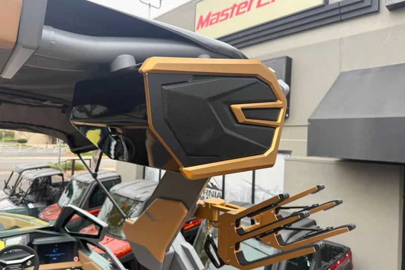Slide: The Image of 2026 MasterCraft X24 boat speaker and wakeboard rack detail. - 75