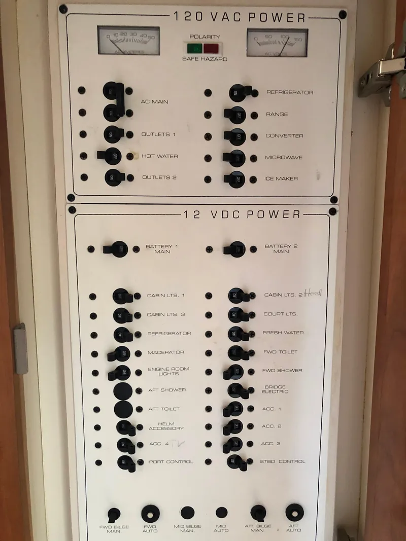 Slide: The Image of Electrical control panel of a 1999 Silverton 351 Sedan yacht. - 19